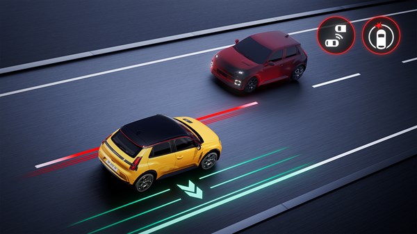 front and rear detection with emergency trajectory correction - Renault 5 E-Tech electric